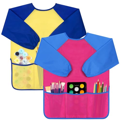 Pack of 2 Kids Art Smocks, Children Waterproof Artist Painting Aprons Long Sleeve with 3 Pockets for Age 2-6 Years | Colorful Waterproof Children Artist Smock with Long Sleeve 3 Roomy Pockets for Age 2-8 Years Gifts (Blue Pink Yellow) - color: Blue Pink Y