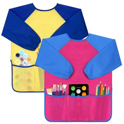 Pack of 2 Kids Art Smocks, Children Waterproof Artist Painting Aprons Long Sleeve with 3 Pockets for Age 2-6 Years | Colorful Waterproof Children Artist Smock with Long Sleeve 3 Roomy Pockets for Age 2-8 Years Gifts (Blue Pink Yellow) - color: Blue Pink Y