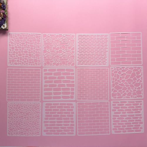 Brick and Stone Wall Stencil Templates, 12 Pack, 5.9x5.9 Inch, Reusable for DIY Crafts, Journaling, Scrapbooking, Card Making - color: 12 Wall
