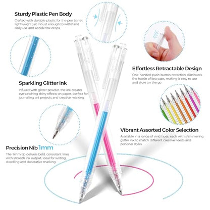 SKYDUE Glitter Gel Pens Set of 18 Colors | Sparkle Fine Point Pens, Non-Toxic, Ideal for Adult Coloring Books, Drawing, Journaling, Scrapbooking & DIY Crafts