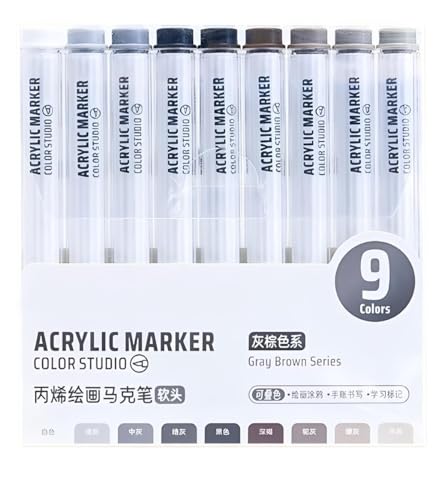 Grey Acrylic Paint Pen Markers, 9 Colors Soft Brush Tip Paint Pens for Wood Glass Eggs Rock Painting Canvas Stone Fabric DIY Crafts Making Art Supplies (Grey) - color: Grey