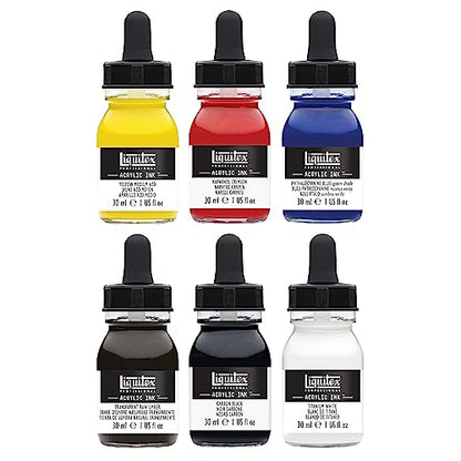 Liquitex Professional Acrylic Ink, 1-oz (30ml), Essential Color Set, Set of 6 | Ultra Fluid Acrylic, Highly Pigmented, Dye-Free, Non-Fading, Satin Finish, Permanent When Dry, Lightfast - color: Essential - Set of 6