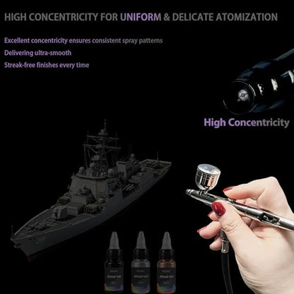 RDSWA Airbrush Kit, Dual-Action Spray Gun with 0.3mm Needle Sets and Gravity Feed 7cc Fluid Cup, Air Brush Gun Ideal for Nail Paint, Makeup, Barber, Cake Decorating, Model,Tattoo Silver