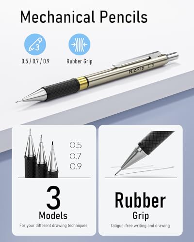 Nicpro 35PCS Gold Art Mechanical Pencils Set, 3 PCS Metal Drafting Pencil | 0.5 mm & 0.7 mm & 0.9 mm & 3 PCS 2mm Lead Holder (6B 4B 2B HB 2H 4H Colors) For Sketching Drawing With 20 Tube Lead Refills - color: Gold, style: 0.5 0.7 0.9 2.0