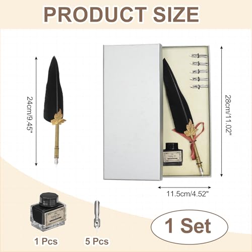 PATIKIL Feather Quill Pen Set, 1 Set Vintage Feather Calligraphy Pen Fountain Dip Pen Set with Ink, Pen Holder and Replacement Nibs for Beginner Writer Writing Gift, Black(Silver Box) - color: Black