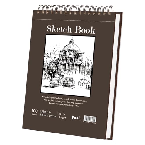 Fuxi Sketch Book 8.5x11, Top Spiral-Bound Sketchbook, 100Sheets_68lb/100gsm | Acid-Free Thick White Drawing Paper Pad for Kids, Blank Artist Sketch Pads for Drawing, Illustration, Art Class Students - color: Brown, size: 11" x 8.5" (Pack of 1)