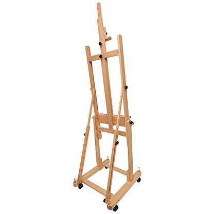 Mont Marte Tilting Studio Wooden Floor Easel. Height Adjustable Extra Large H-Frame Featuring a Large Tilt Range. Castor Wheels Allow Easy Movement and Can Be Locked into Place.
