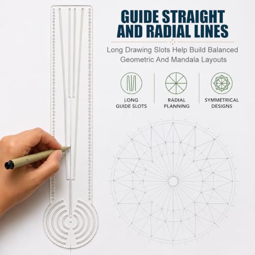 3-in-1 Mandala Dot Art Tool with Precision Holes, Professional Circle Maker, Compass and Protractor Ruler for Geometric Pattern Design and Dotting Art