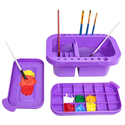 MyLifeUNIT Paint Brush Cleaner, Paint Brush Holder with Palette, Purple | 18 mixing wells, 16 slots fitting 0.24-0.63 in diameters, 3 washing compartments, removable tray lid - color: Purple