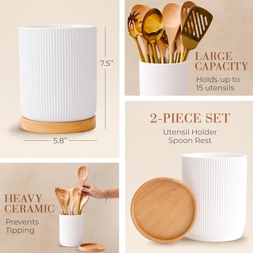 STYLED SETTINGS White Ceramic Utensil Holder with Built-In Wooden Spoon | 2 Piece Set for Kitchen Countertop Organization, Ceramic Utensil Crock & Wood Spoon Rest - color: White and Brown