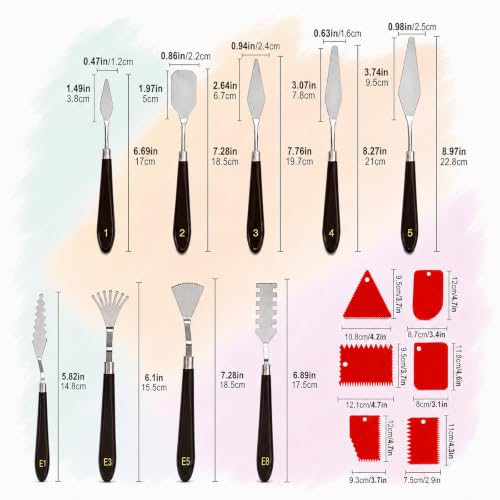 15 Pcs Painting Palette Knife Set, 9 Pcs Professional Stainless Steel Palette Knives with 6 Plastic Scrapers, Art Paint Tools for Oil, Acrylic, Watercolor Painting and Cake Decorating