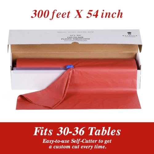 Goodluck 54 Inch x 300 Feet Red Plastic Tablecloth Roll with Cutter Box - color: Red, size: 15.4" x 5.5" (Rectangular)