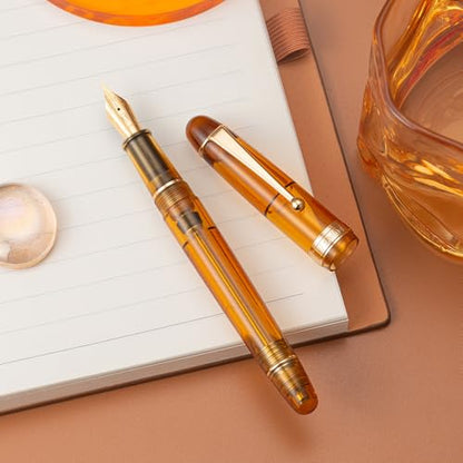 Asvine V126 Vacuum Filling Fountain Pen, Transparent Brown Acrylic Stub Nib 1.1mm Calligraphy Art Drawing with Case Set - color: Transparent brown, style: Stub Nib