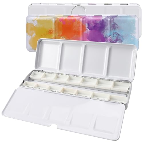 Empty Watercolor Tin Palette with 12 Full Pans, Metal Travel Watercolor Palette with Large Mixing Space, Portable Compact Empty Watercolor Palette for Plein Air & Studio Painting