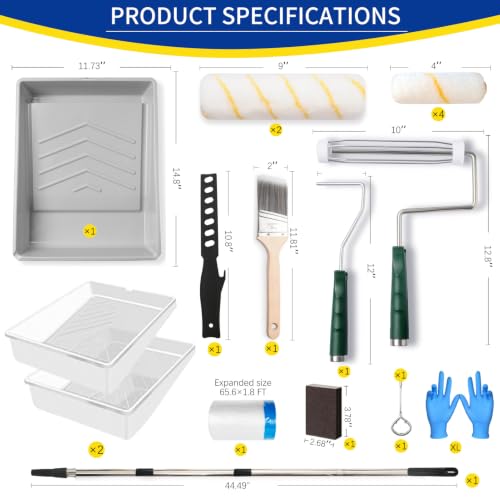 Wesquer 18-Piece Paint Roller Kit with 1.2m Extension Pole | 9" & 4" Painting Roller Set for Walls and Ceilings