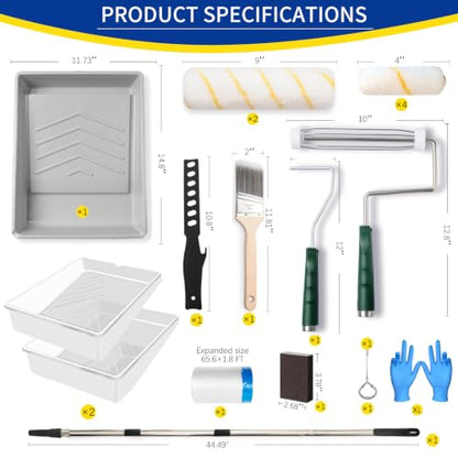 Wesquer 18-Piece Paint Roller Kit with 1.2m Extension Pole | 9" & 4" Painting Roller Set for Walls and Ceilings