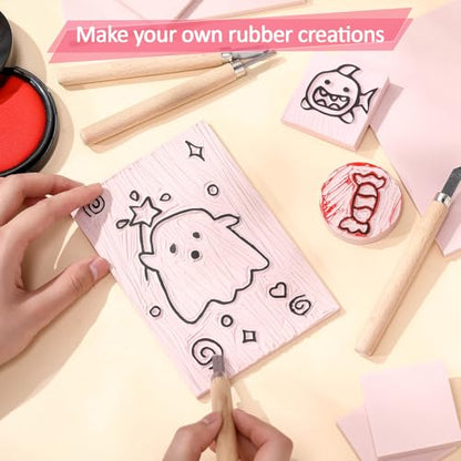 Innconee 24 Pcs Rubber Stamp Carving Blocks Pink Rubber Carving Blocks Round Square Rectangle Making Kit for Stamp Crafts and DIY Project
