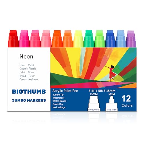 BIGTHUMB Jumbo Graffiti Poster Markers Set: 12 Neon Colors Large 15mm Wide Tip Permanent Ink Thick Acrylic Paint Pens for Rock Painting, Stone, Glass, Wood, Ceramic, Metal, Plastic, Fabric - color: Neon