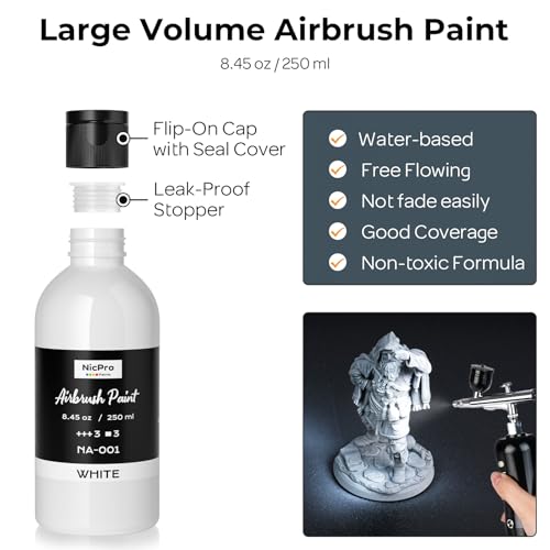 Nicpro White Large Airbrush Paint 8.45oz Ready to Spray Opaque Water-Based | Acrylic Air Brush Paints for Model, Wood, Canvas, Metal, Plastic, Leather, for Beginners & Artists - color: White