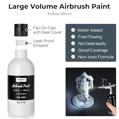 Nicpro White Large Airbrush Paint 8.45oz Ready to Spray Opaque Water-Based | Acrylic Air Brush Paints for Model, Wood, Canvas, Metal, Plastic, Leather, for Beginners & Artists - color: White