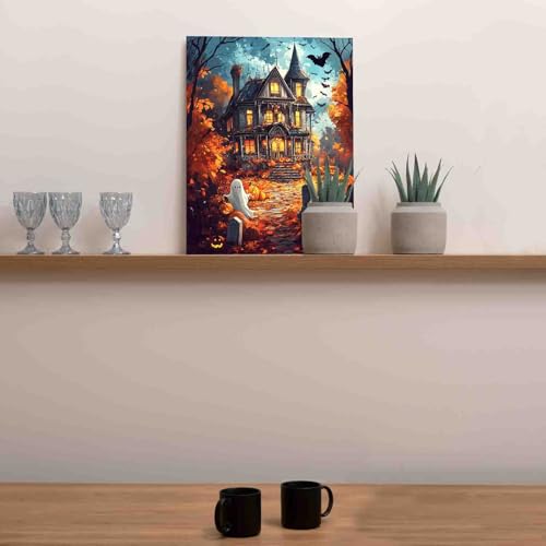 Halloween Spooky Castle Scenery Paint by Number Kit 16 x 20 inch Canvas Pumpkins Bats Witch Halloween DIY Oil Painting for Adults Beginner with Brushes and Acrylic Pigment-Witch's Night(without Frame) - color: Pbn Halloween 09, size: 16''x20''(Frameless)