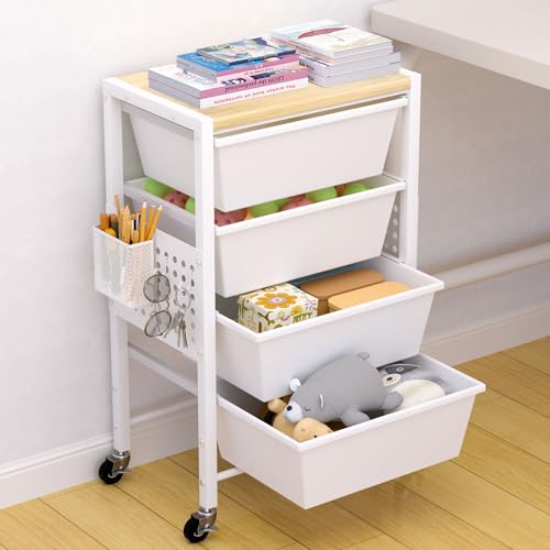 Rolling Cart with Drawers, Rolling Storage Cart with 4 Large Plastic Drawers & Wooden Tabletop, Utility Cart with Pegboards & Basket, Storage Drawers Cart for Living Room, Classroom, Bedroom, Office - color: White, size: 4 Drawers