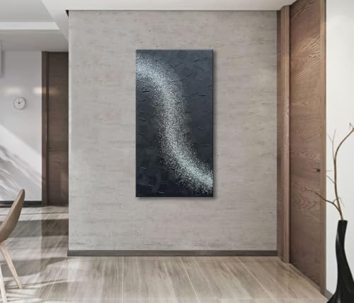 zoinart Handmade Large Glittery Crystal Canvas Wall Art, 24x48 Inches Black Abstract Modern Oil Paintings, Textured Contemporary Wall Art Ready to Hang - color: BL-062