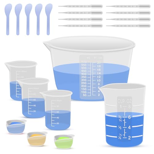 Silicone Resin Mixing Measuring Cups for Resin Supplies, 600ml/20oz Bowl, 250 & 100ml Thickened Reusable Silicone Cups for Epoxy Mixing, with Stir Sticks and Pipettes, Jewelry Making - size: 600+250+3*100ml (Transparent Marks)