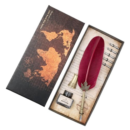 Feather Quill Pen Vintage Feather Dip Pen Set Writing Quill Pen Calligraphy Pen As Christmas Birthday Gift Set (wine red)