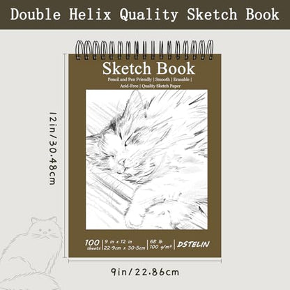 DSTELIN 9x12 Inch Artistic Sketchbook, Top Spiral Bound, 100gsm Sketch Paper, Dark Brown Hard Cover, 100 Sheets for Drawing and Painting