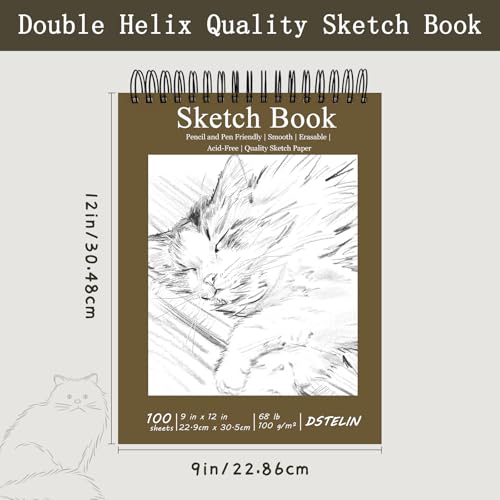DSTELIN 9x12 Inch Artistic Sketchbook, Top Spiral Bound, 100gsm Sketch Paper, Dark Brown Hard Cover, 100 Sheets for Drawing and Painting