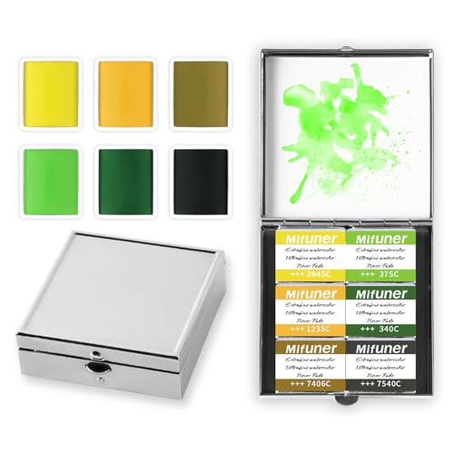 Mini Portable 6-Color Solid Watercolor Paint Set for Adults & Artists, High Tinting Strength Travel Art Kit for Beginners and Professionals, Half Pans (Each Capacity Approx 1.5ml).Yellow Green - color: Solid Watercolor-yellow Green