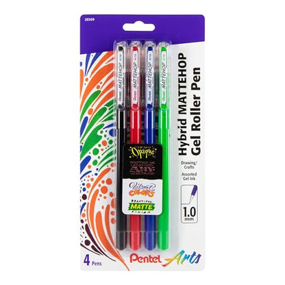 Pentel Arts Hybrid MATTEHOP Gel Roller, 1.0mm, Matte Black, Matte Red, Matte Blue, Matte Green, Pack of 4 Pens (K110VBP4M) - color: Assorted 1
