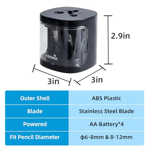 tenwin Electric Pencil Sharpener, Dual-Hole Fit for 6-12mm Pencils - color: Black