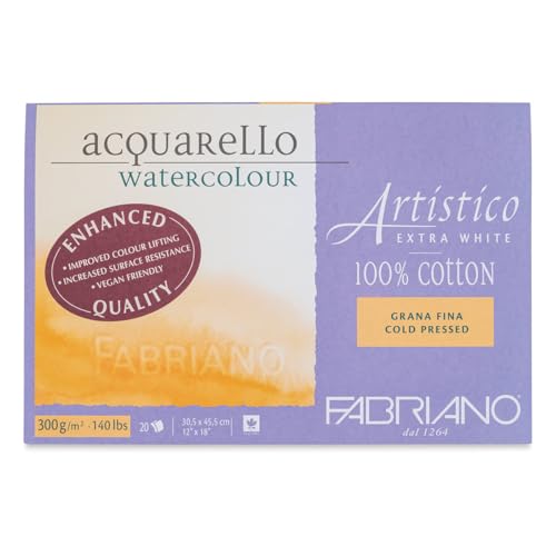 Fabriano Artistico Acquarello, Extra White, Fine Grain, Cold Pressed, 30.5 x 45.5 cm, 20 Sheets, 300 g/m², Artists' Watercolour Cardboard, Pad Glued on 4 Sides, 30,5 x 45,5 cm - size: 12" x 18"