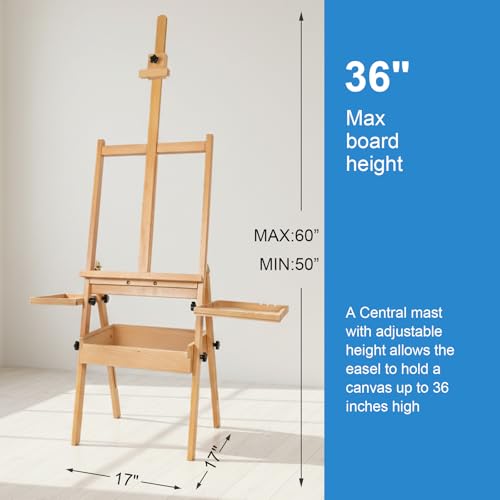 Falling in Art Large Wooden Painting Easel with Storage Drawer and Palettes | H-Frame Studio Easel Stand Holds Canvas up to 36 Inches, Suitable for Adults, Beginners, and Artists, Natural - style: Natural