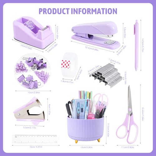 Gawsey Purple Desk Organizers and Accessories with Desk Organizer 360° Rotating Pen Holder and Office Supplies, Cute Stationery Supplies Set - color: A Purple