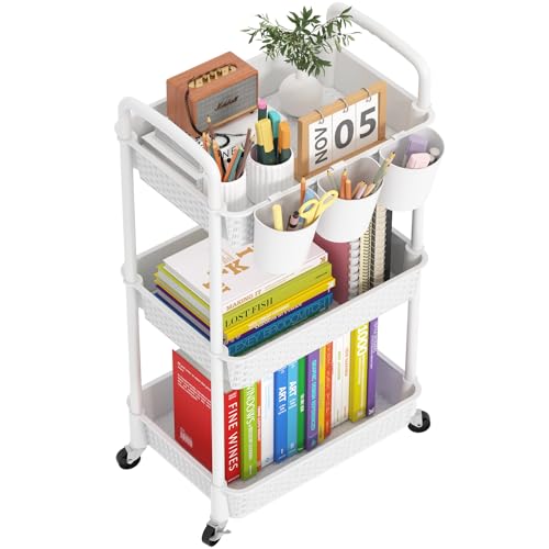 MOYIPIN 3-Tier Plastic Rolling Utility Cart with Handle,White | Utility Storage Cart for Office, Living Room, Kitchen,Movable Storage Organizer，Easy installation，Rattan-like art design - color: White, size: 3-Tiers with cups