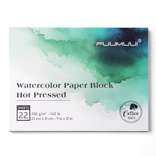 Fuumuui Watercolor Paper Block 9x12 Inch, Smooth Surface 100% Cotton Watercolor Paper, 22 Sheets, 140lb/300gsm, Hot Press, Acid-Free, Art Paper for Painting & Drawing, Wet, Mixed Media - color: Hot Press, size: 9“×12”