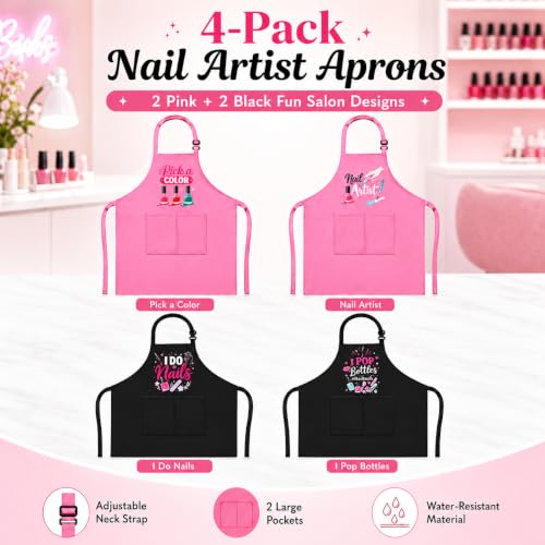 4 Pack Funny Nail Tech Aprons for Women, Waterproof Smocks with Pockets | Four fun nail artist aprons with adjustable neck straps and 2 roomy pockets for salons, beauty schools and home manicures
