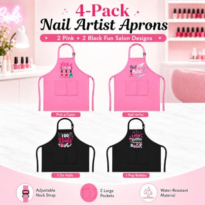4 Pack Funny Nail Tech Aprons for Women, Waterproof Smocks with Pockets | Four fun nail artist aprons with adjustable neck straps and 2 roomy pockets for salons, beauty schools and home manicures