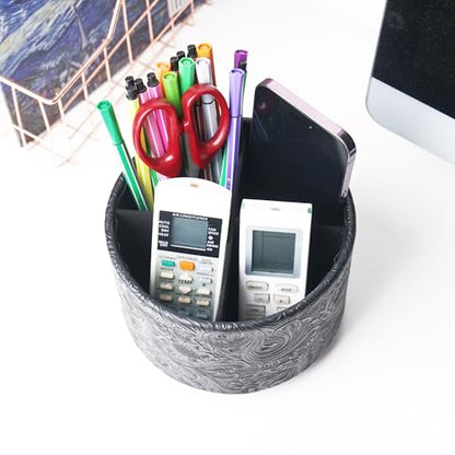Round Leather Art Supply Organizer,Remote Control Holder,360 Degree Spinning,Multi-Functional Pencil Holder,4 Compartments Desktop Stationary Organizer(1-Carved Black) - color: 1-Carved Black