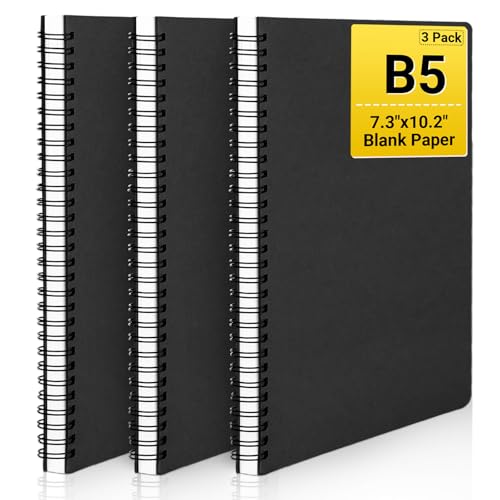 EUSOAR Blank Notebook Journal, B5 3 packs 7.3"x10.2" Black Hardcover Spiral Plain Travel Writing Notebooks, Notepad Sketchbook, Students College Office Business Subject Diary Spiral Book Journal - color: Black, size: B5-3 Packs