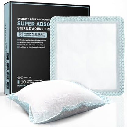 EVERLIT Super Absorbent Dressing for Wound Care | Nonstick Soft Surgical Gauze Pad for Heavily Exuding Wounds | Large Sterile Non-Adhesive Bandage for Fast Healing Wound Care | Pack of 10 (6" x 6") - size: 6" x 6"