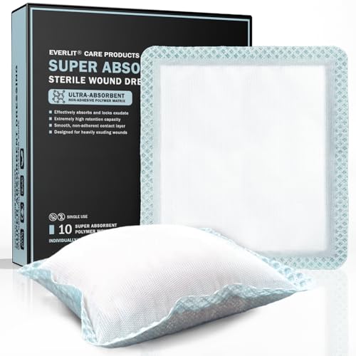 EVERLIT Super Absorbent Dressing for Wound Care | Nonstick Soft Surgical Gauze Pad for Heavily Exuding Wounds | Large Sterile Non-Adhesive Bandage for Fast Healing Wound Care | Pack of 10 (6" x 6") - size: 6" x 6"