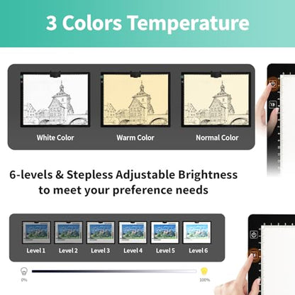 A3 Light Pad - Rechargeable Diamond Painting Light Board with Stand, 3 Colours Stepless Dimmable 6 Levels Brightness Tracing Light Box, Battery Powered Portable Light Pad for Weeding Vinyl Tracing - style: A3 Rechargeable(Black)