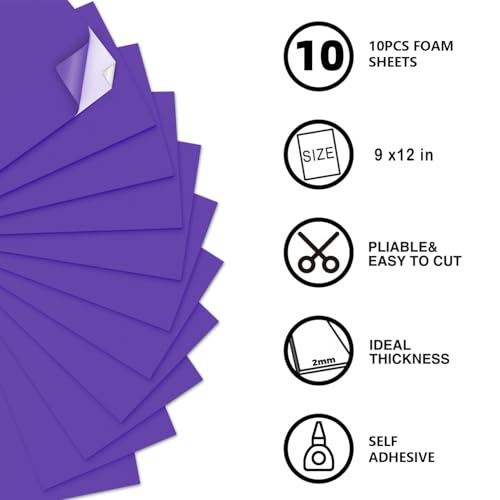 MEARCOOH Self Adhesive Foam Sheets, Purple 9x12 Inch 2mm Sticky Eva Foam Paper for Crafts Cardmaking Photo Frames Classroom Scrapbooking Christmas Crafts (Purple 10 Sheets) - color: Purple Self-adhesive, size: 9X12in-2mm