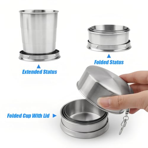 Stainless Steel Collapsible Cup, 150ml Camping Folding Cup Retractable Travel Mug with Lid Keychain Portable Drinking Outdoor Demountable Stackable Expandable Protective Cap for Hiking Picnic(M) - size: M
