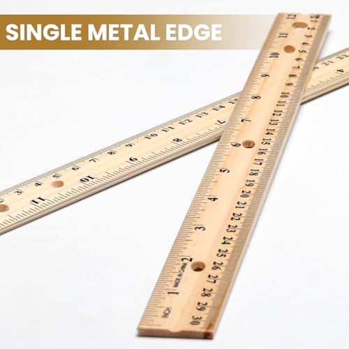12 Pack Wood Rulers Dual Scale Student Ruler 12 Inch/30 cm | Wooden Measuring Ruler 4 Hole, 12 Inch Ruler Bulk for School Office, Classroom Drafting Supplies, 2 Scale Straight Metal Edge