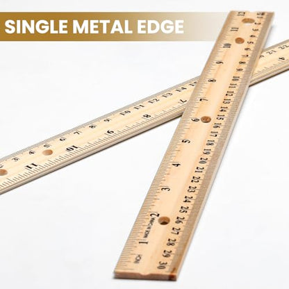 12 Pack Wood Rulers Dual Scale Student Ruler 12 Inch/30 cm | Wooden Measuring Ruler 4 Hole, 12 Inch Ruler Bulk for School Office, Classroom Drafting Supplies, 2 Scale Straight Metal Edge